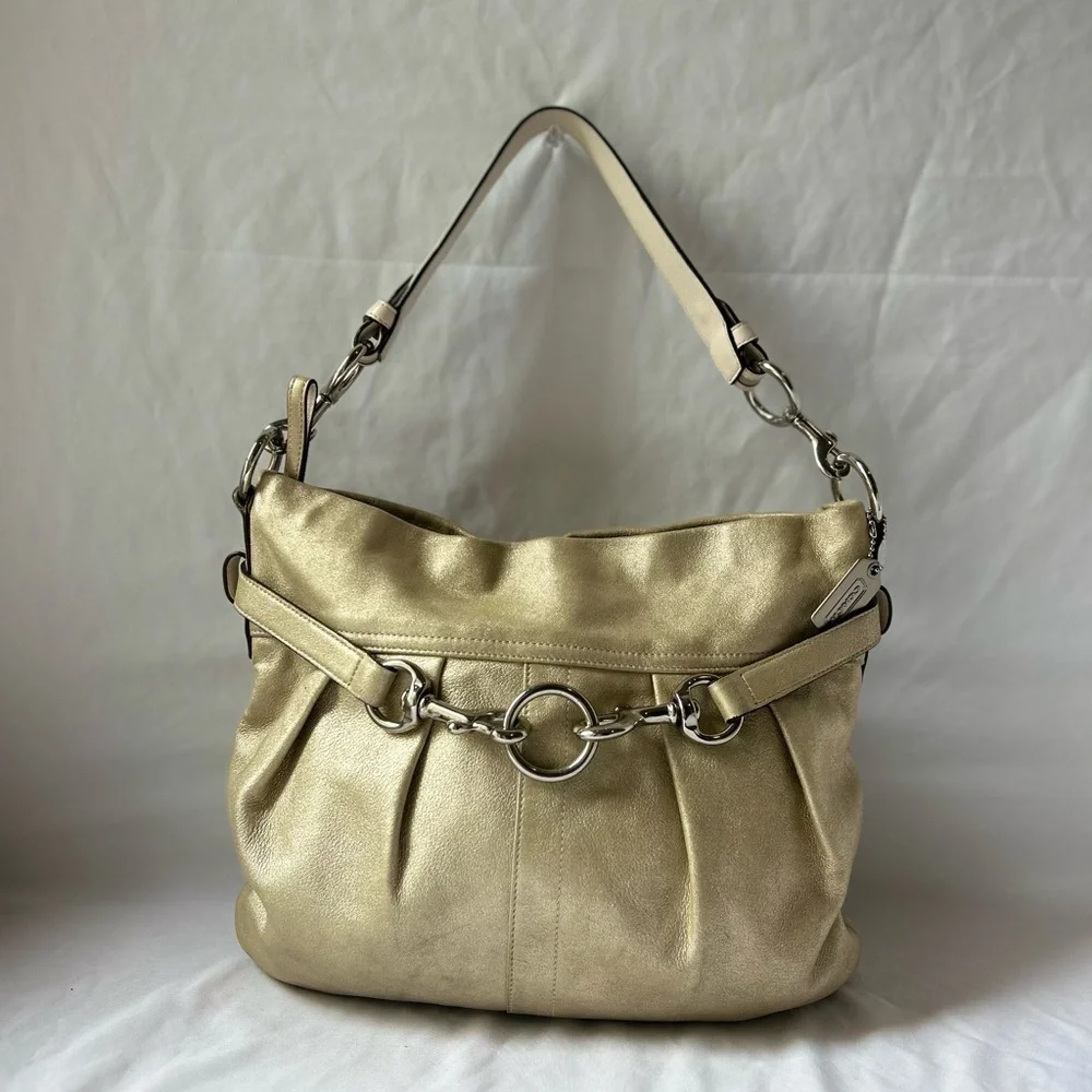 COACH VTG Shimmer Metallic Gold Soft Pleated Goat Suede Belted Hobo Shoulder Bag